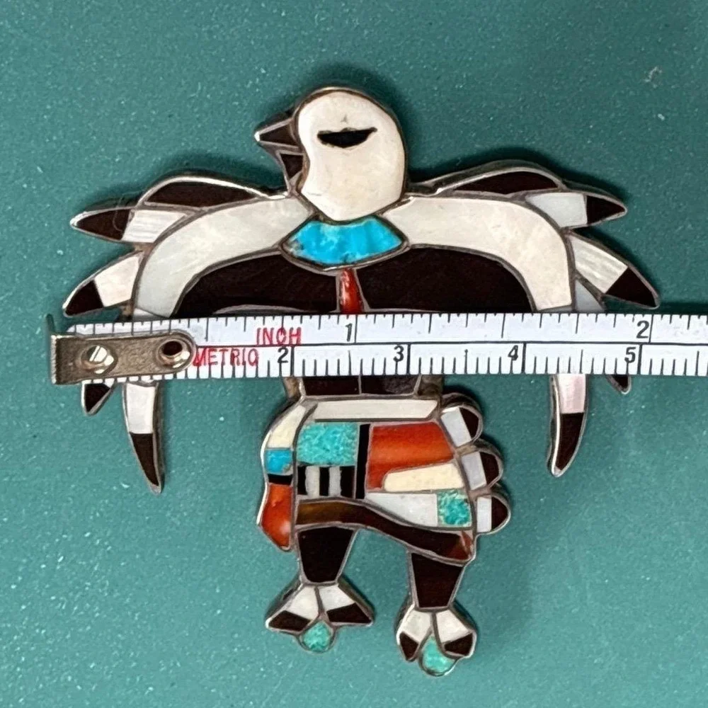 Vintage Sterling Zuni Inlay Bolo Eagle‎ Dancer Sterling Silver Turquoise Coral